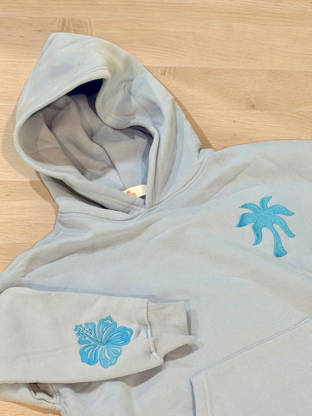 Pink Palm Puff Hoodie "Everything Comes In Waves" in Blue XXS NWOT